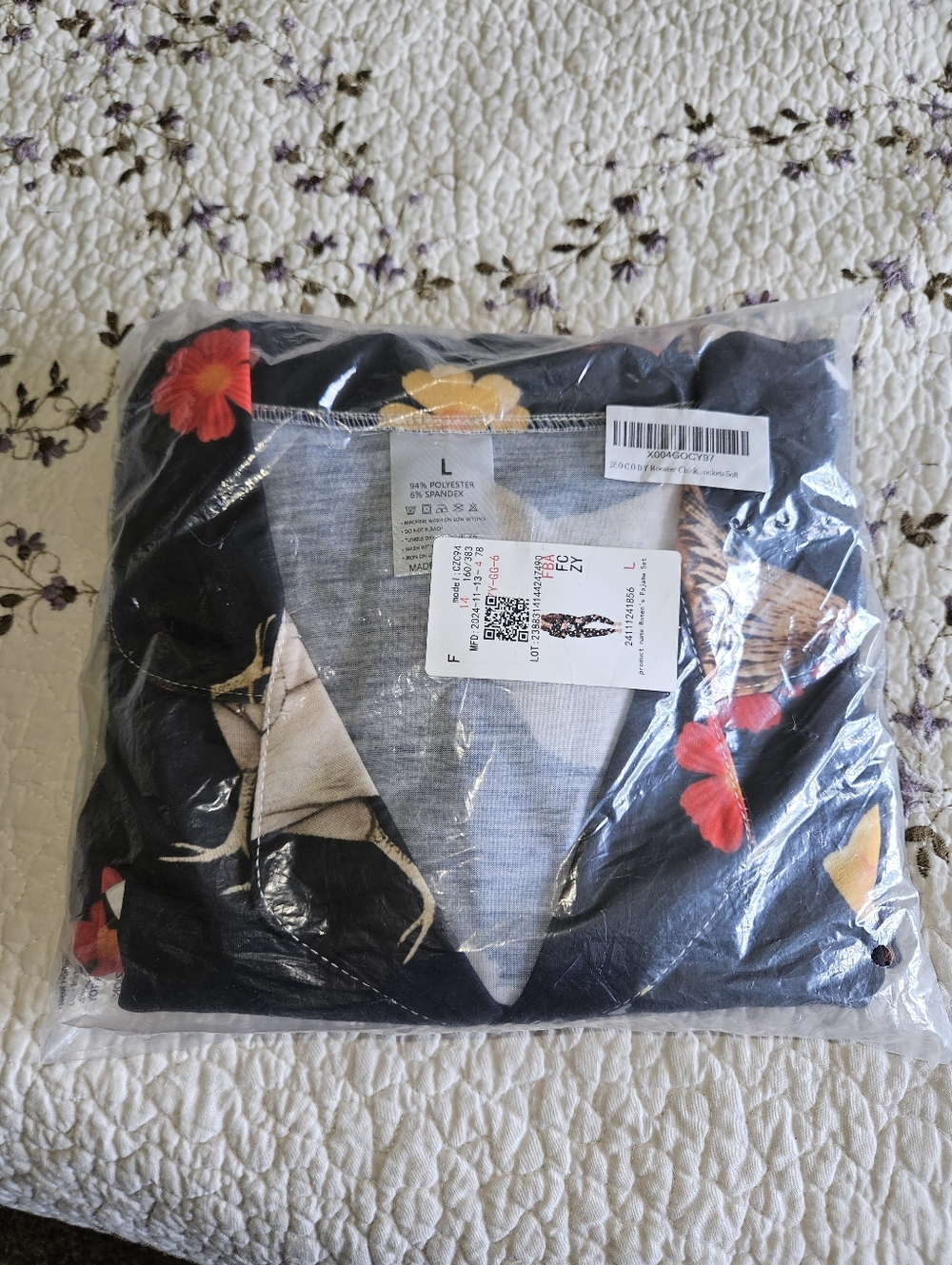Black Floral V-Neck Top with Red & Yellow Flowers. Pajama Set